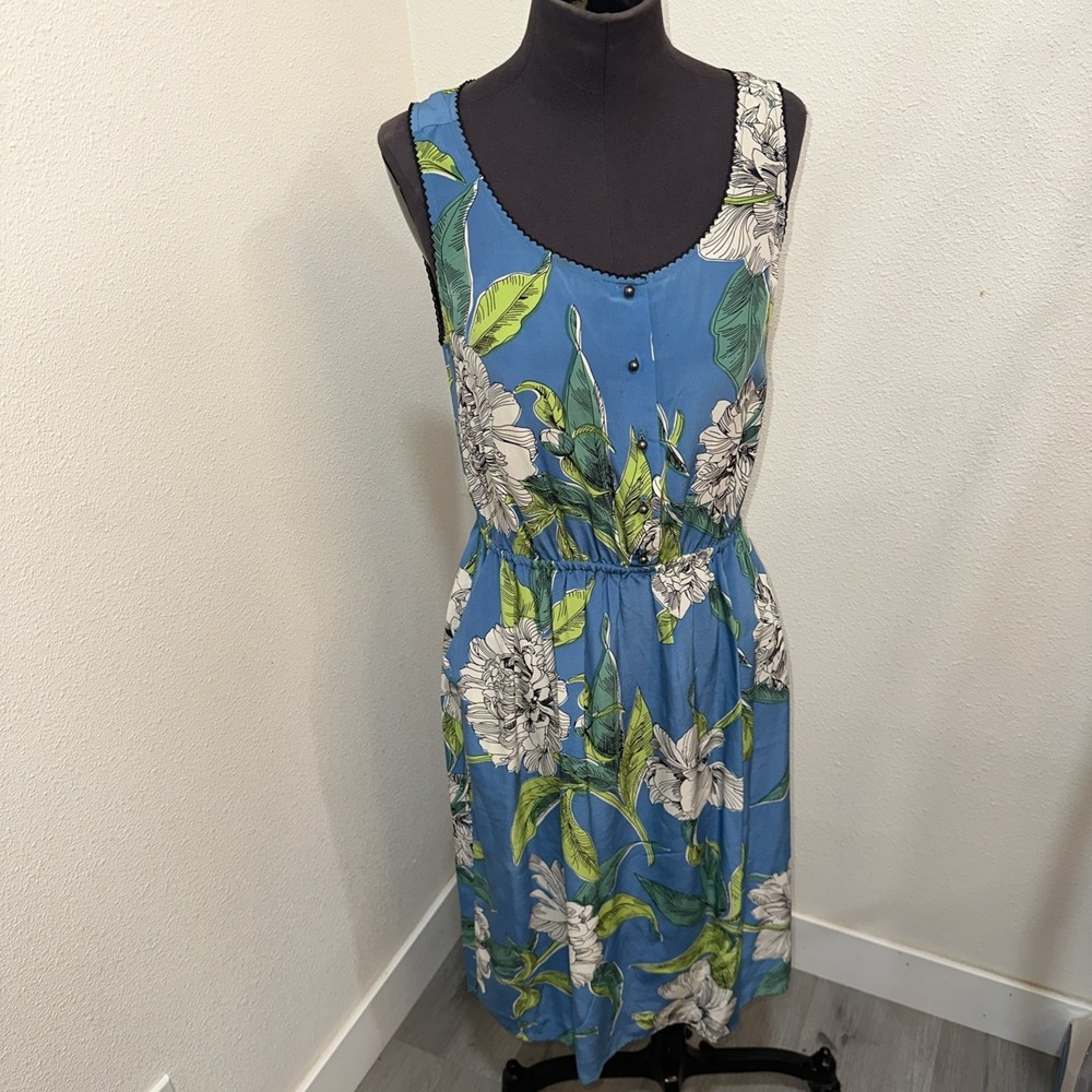 Anthropologie Moulinette Soeurs Size 8 Tuileries Silk Floral Blue Midi Dress